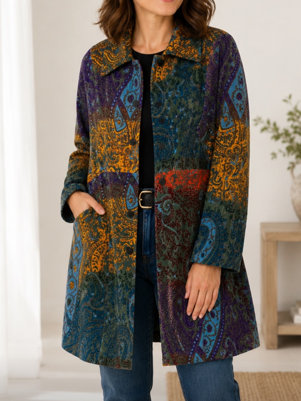 Funky People Multicolor Paisley Patchwork Velvet Trench Coat